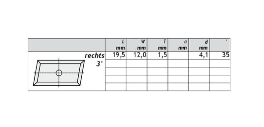 HM Wendeplatten Z4 (1-Loch) 19,5x12,0x1,5 mm, 3° rechts, Qualität KCR08 - 10 Stück