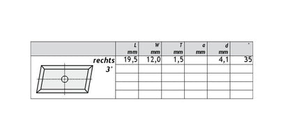 HM Wendeplatten Z4 (1-Loch) 19,5x12,0x1,5 mm, 3° rechts, Qualität KCR08 - 10 Stück